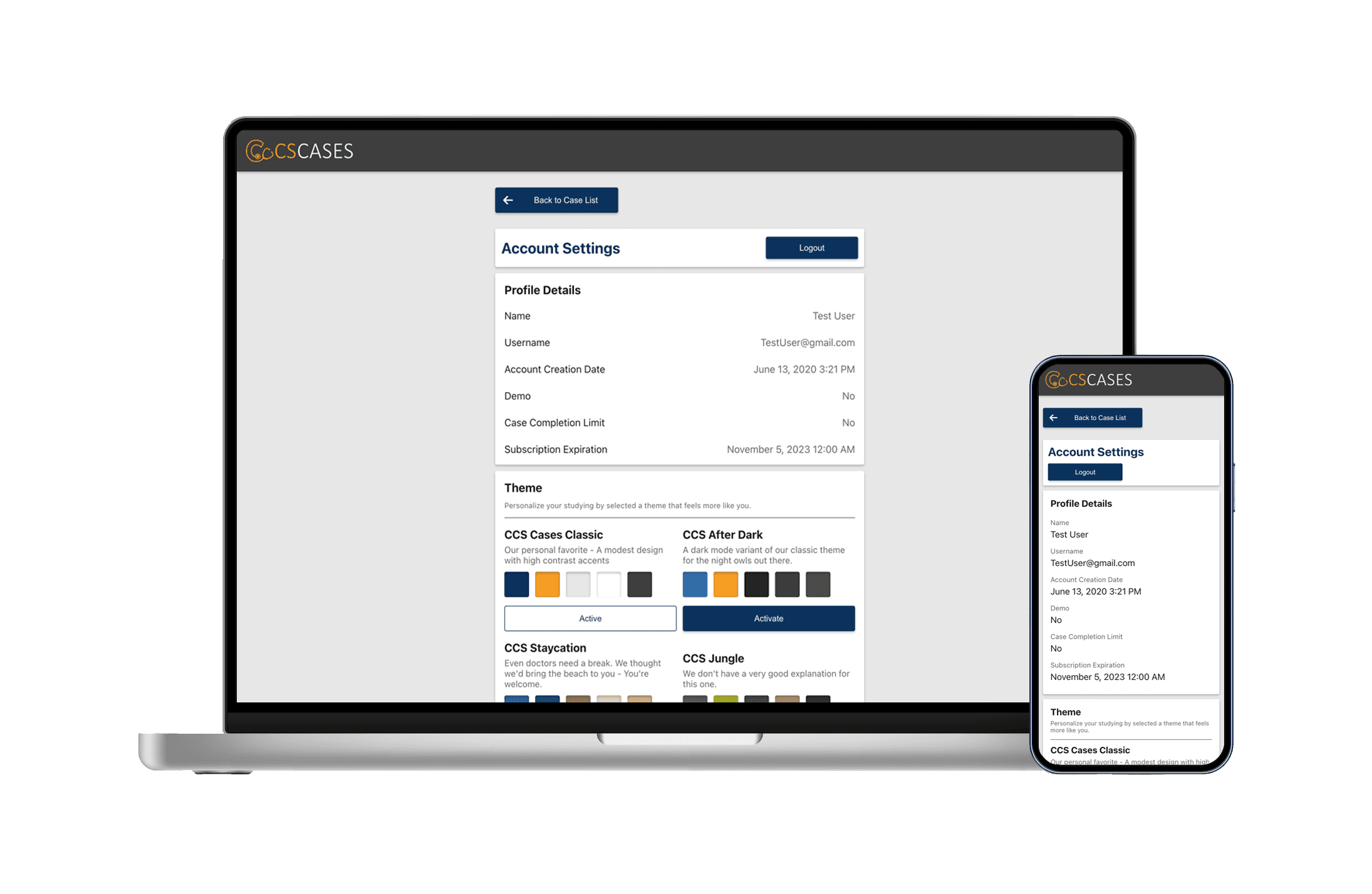 CCS Cases account settings page, showing an overview of user information and a variety of themes to select from