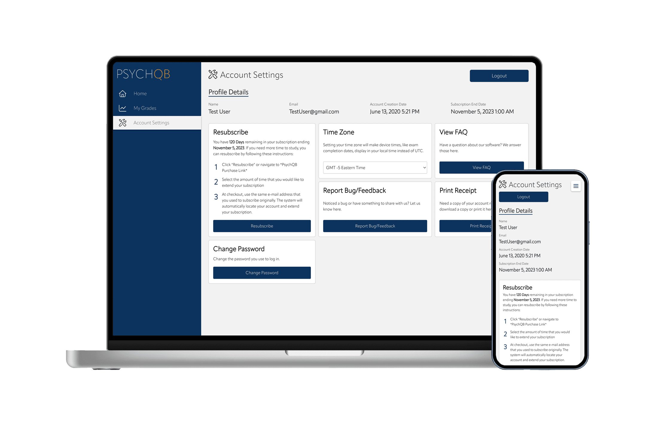 Psych QB account settings page, showing options for managing the user's account.