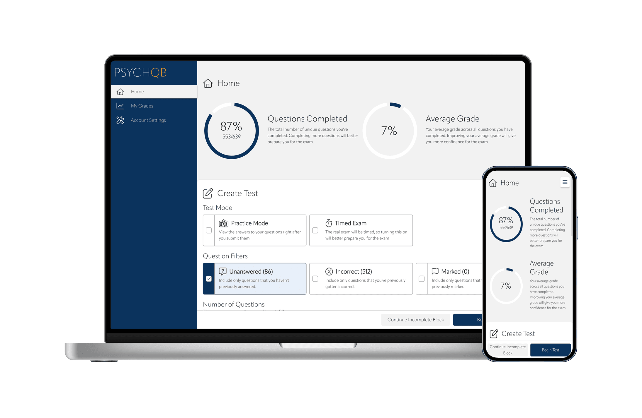 PsychQB Homepage, showing the users questions completed, average grade, and options for them to select to begin an exam.